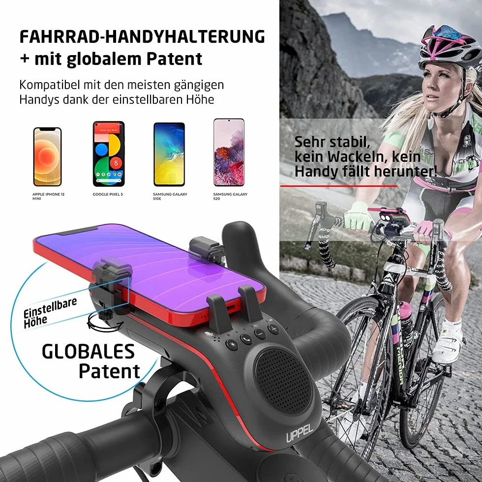 UPPEL Fahrrad Handyhalterung Mit Bluetooth Lautsprecher, 5000mAh Powerbank, Klingel, Mikrofon - 10-in-1 Multifunktional TF/SD/AUX Modus für Extrem & Freizeit Radsport, Mountainbike
