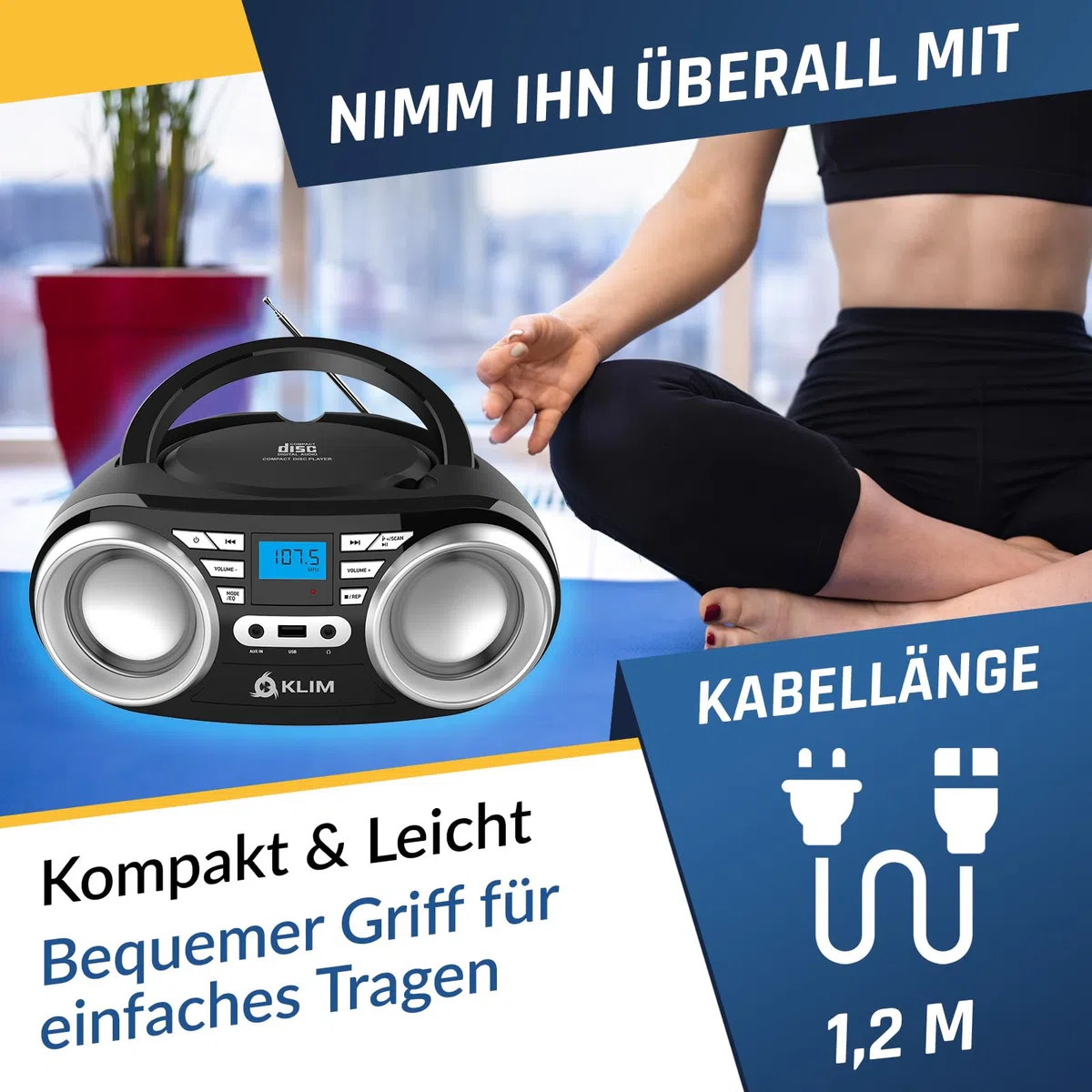 KLIM B3 Tragbarer CD Player Bluetooth Boombox mit FM-Radio, Bluetooth, USB und AUX - Hochwertige Dual-Lautsprecher, EQ-Soundeffekte, 20 Voreingestellte Sender, Kompakt und Leicht | CD Player Tragbar
