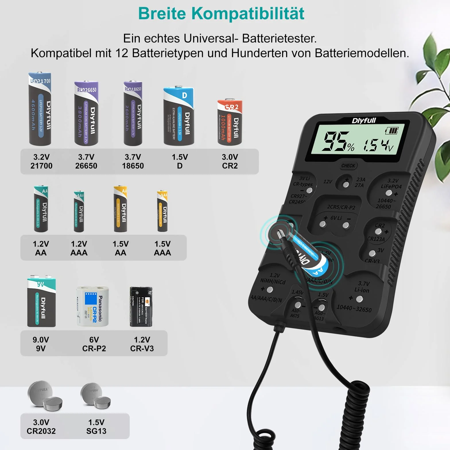 Dlyfull Universal Batterietester für AAA AA C D 9V CR123A CR2032, Batteriemessgerät mit LCD Display für Alle Batterien und Akku, Digitaler Testgerät für 1,5V und 3V Knopfzellen, B4 pro