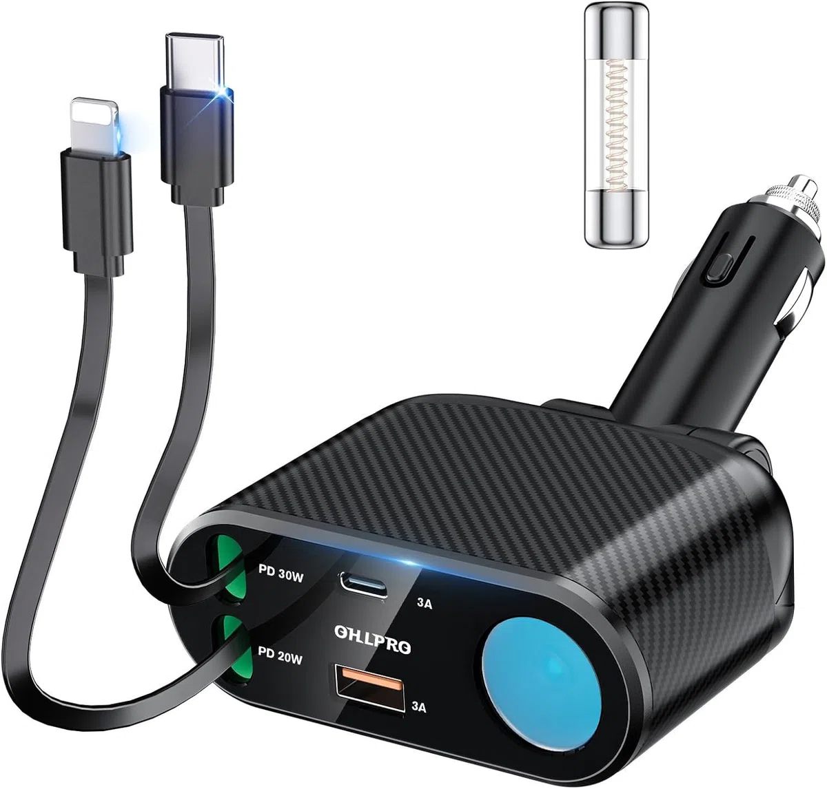 OHLPRO 5 in1 Zigarettenanzünder USB C Einziehbares Auto Ladegerät, Handy Autoladegerät 100W 12V USB Adapter Auto Schnellladegerät KFZ Stecker Splitter Kompatibel mit Handy iPhone iPad Samsung, Schwarz