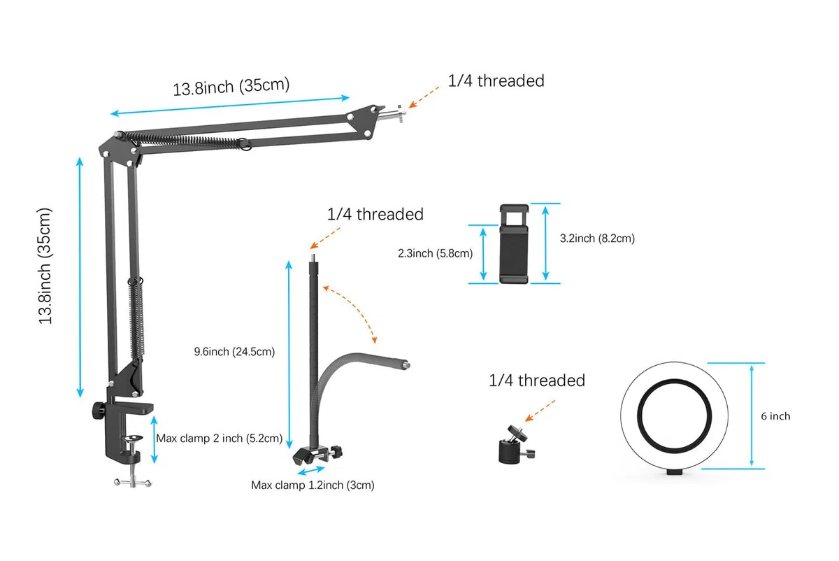Overhead Stativ Handy mit Ringlicht, Flexibler Tisch Kamera Arm mit Licht, Flexible Tisch Kamera Arm Halterung mit Ringlicht für YouTube Live Stream Videoaufzeichnung, Kompatibel mit iPhone, Logitech