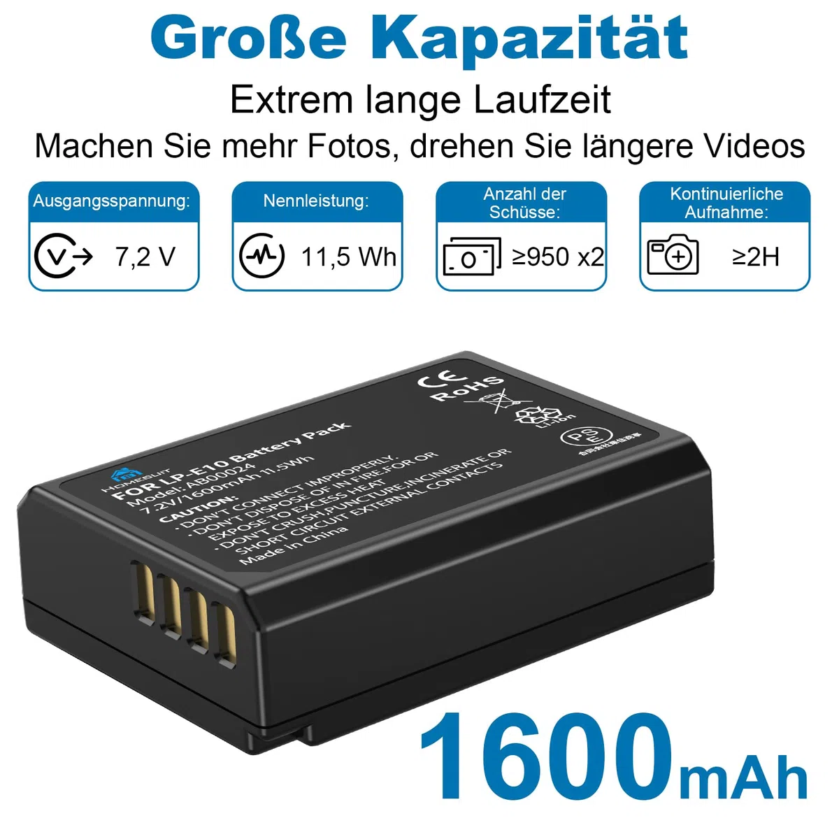 Homesuit LP-E10 Akku 1600mAh & Dual LED Ladegerät Kit für Canon EOS 1100D, EOS 1200D, EOS 1300D, EOS 2000D, EOS Rebel T3, T5, T6, T7, Kiss X50, Kiss X70 Kamera (2er-Pack)