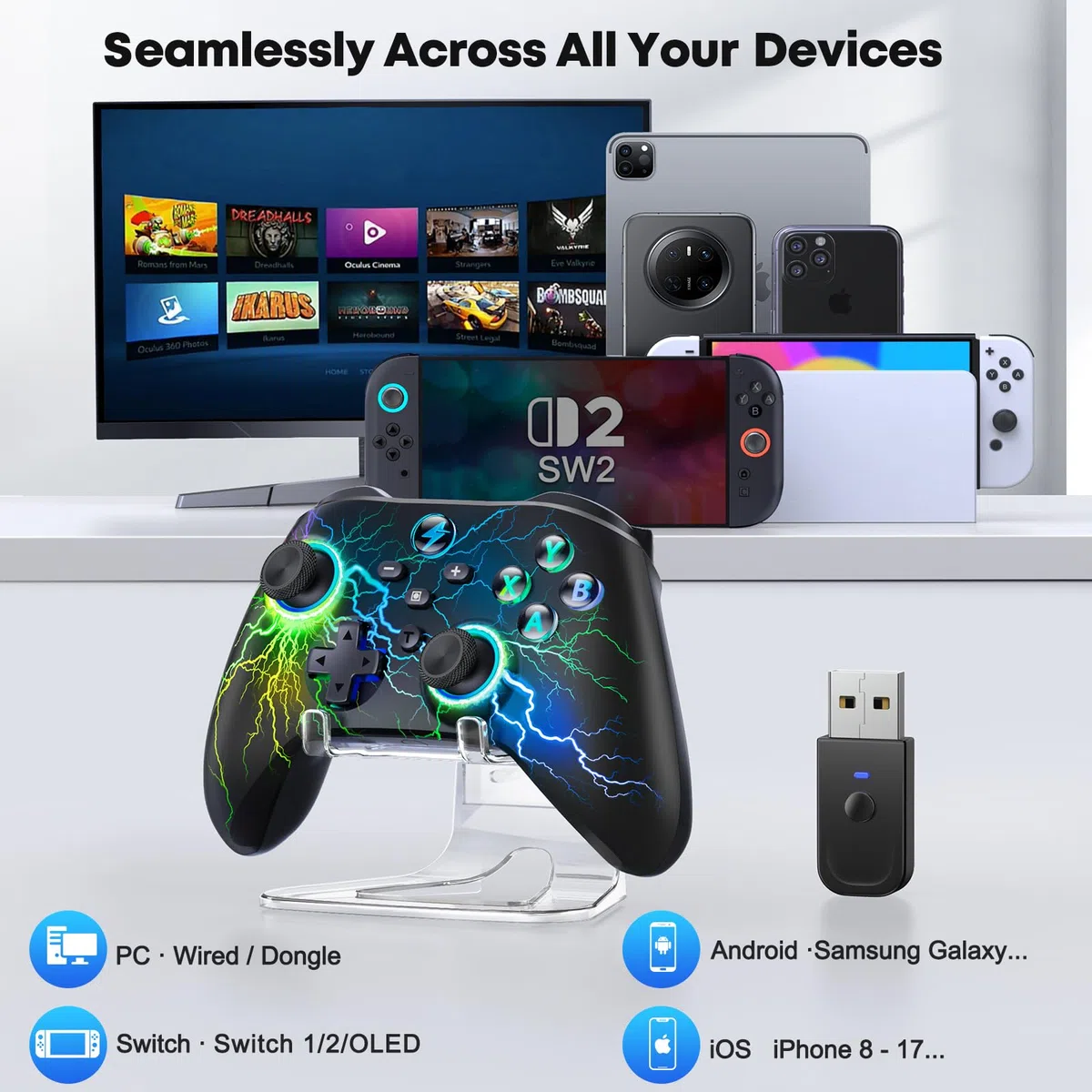 HELLCOOL Controller PC, 2.4GHz Wireless PC Controller mit Hall Trigger/Cooles RGB Licht/1000mAh, Gaming Controller Kompatibel mit PC/Switch/Handy/Tablet