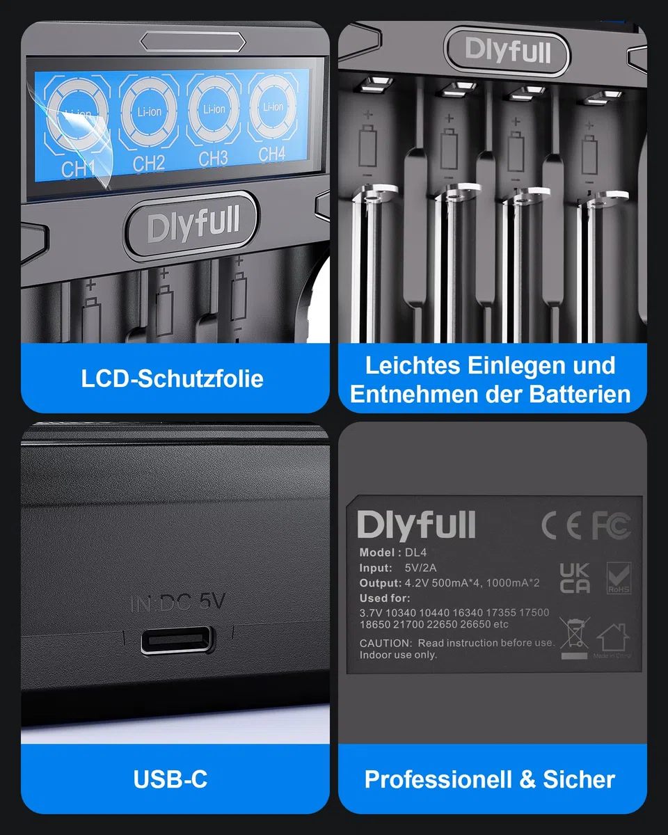 Dlyfull 18650 Ladegerät, Universal Akku Ladegerät LCD-Display für 3,7V Li-Ion Akku 18650 21700 18700 26650 22650 20700 16340(RCR123) 14500 Tragbares USB-C Batterieladegerät, 4 Fach