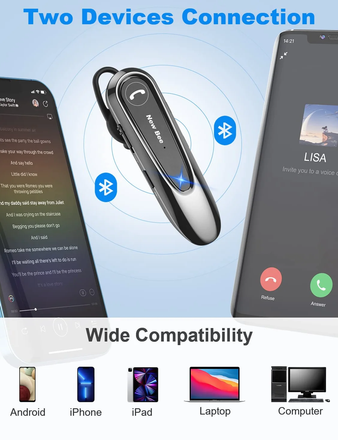 New Bee Bluetooth Headset Wireless Freisprech Telefon mit Dual Mic V5.0 Freisprech-Bluetooth-Ohrhörer mit 20 Stunden Sprechzeit Mic Mute Zwei-Geräte-Verbindung für iPhone, Android und Laptop
