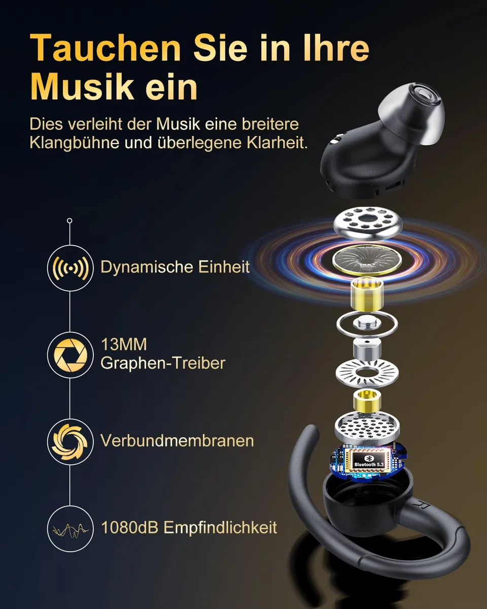 Jesebang Bluetooth Kopfhörer Sport, in Ear Kopfhörer Kabellos Bluetooth 5.4 mit HD Mic, Herausragender Sound, 40 Std Spielzeit, Comfort Fit, Dual LED-Anzeige, IP7 Wasserdicht Ohrhörer mit Ohrhaken