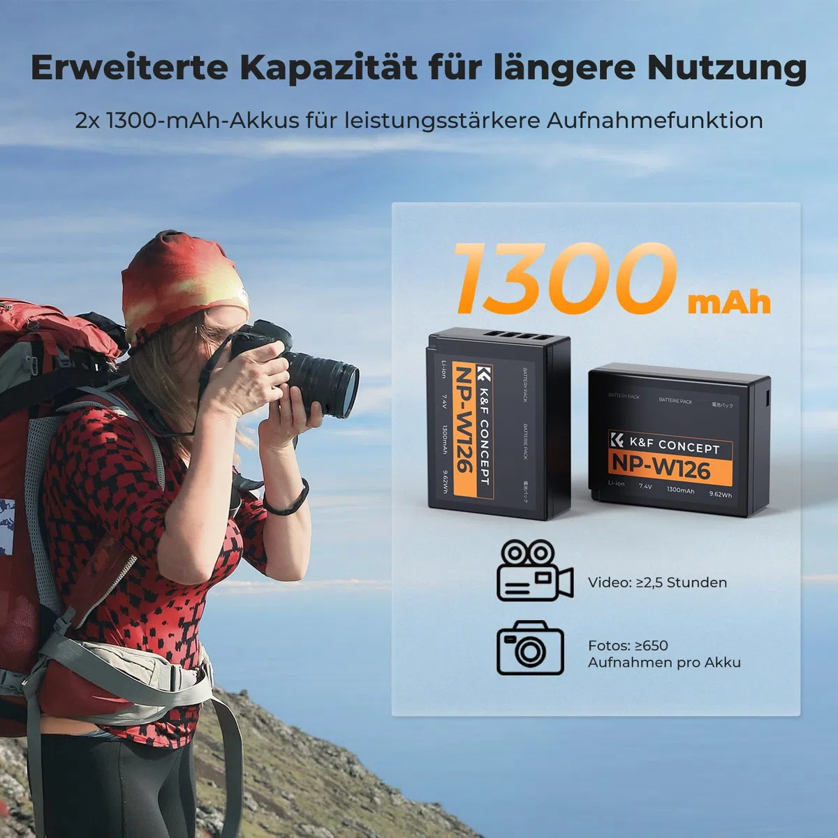 K&F CONCEPT NP-W126 NP-W126S Akku, 2 x 1300 mAh, kompatibel mit Fujifilm XT30 III/XM5/X100VI/X100V/XS10/XT30/XT30 II/XT20/XE4/A5, Schnellladegerät mit Dual-Slot mit Eingängen Type-C und Micro-USB