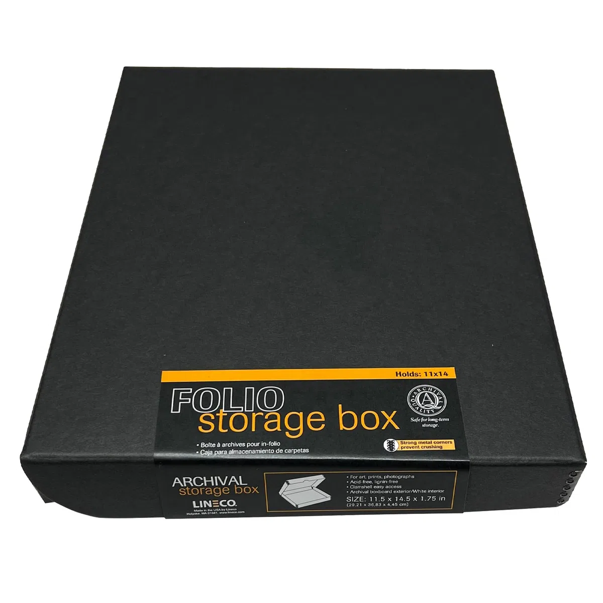 Lineco 27,9 x 35,6 cm Klapp Folio Aufbewahrungsbox, 4,4 cm, Metall Tiefer Rand Archivierung Faltschachtelkarton, Abnehmbarer Deckel, Farbe: Schwarz