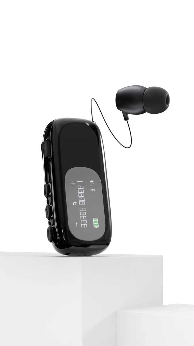 Bluetooth Business Headset mit Einziehbarem Kabel, Kabelloses Headset mit Mikrofon, Kabelloses Lavalier-Headset mit LCD-Display, Bluetooth 5.4, Verbindung zu 2 Mobiltelefonen (Schwarz)