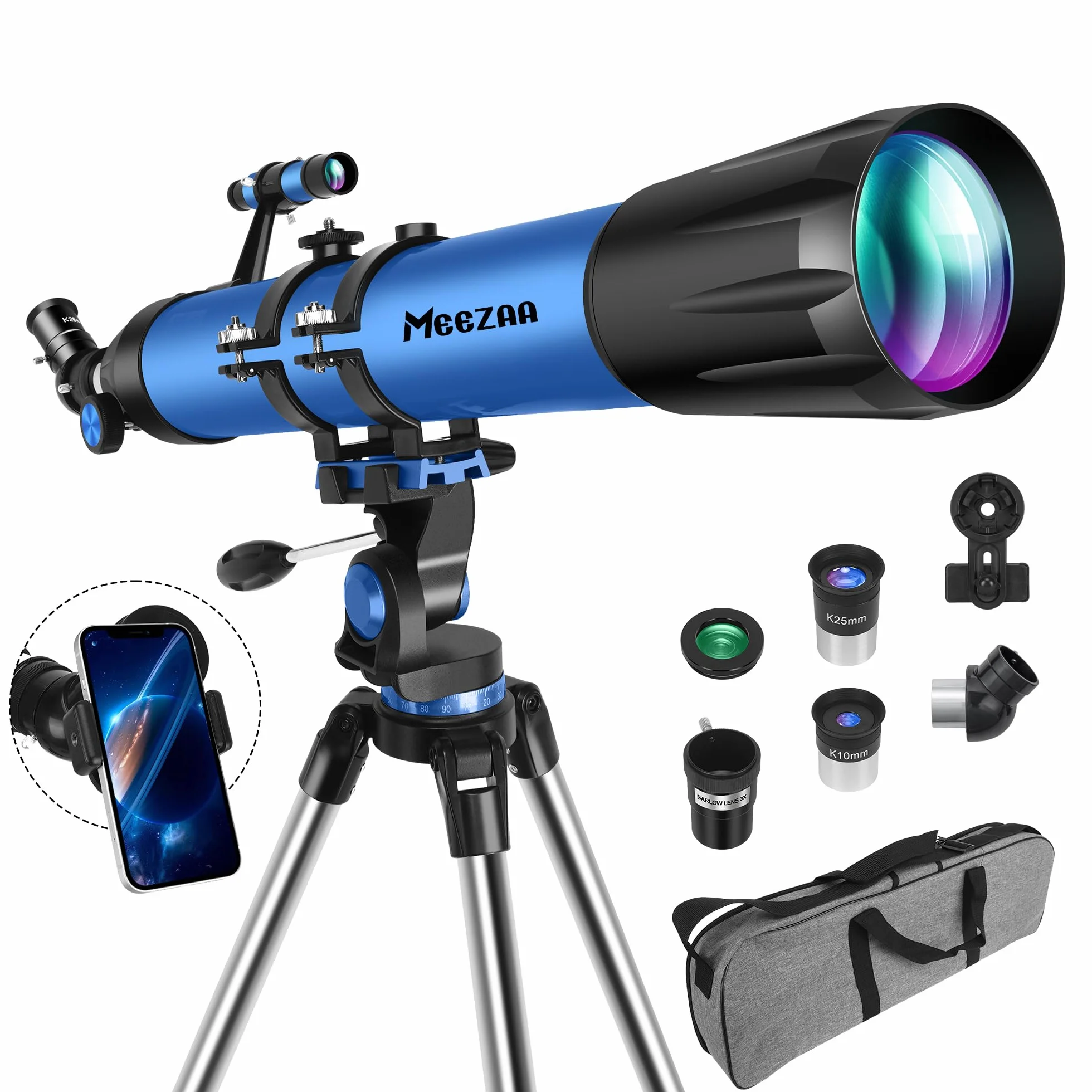 MEEZAA Teleskop, Teleskop Astronomie Profi für Erwachsene, 90mm Blende 800mm AZ Mount Astronomisches Refraktor Teleskope für Kinder Anfänger mit Stativ, Telefon Adapter, Tragetasche und Mondfilter
