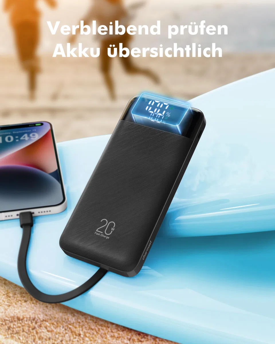 Charmast Power Bank, 22,5W Powerbank 20000mAh mit 4 Kabel und LED-Display, USB C PD3.0 QC4.0 Externe Handyakkus mit 6 Ausgängen Kompatibel mit iPhone 17 16 15 14 13 12 Pro Max Plus Samsung S24 Tablet