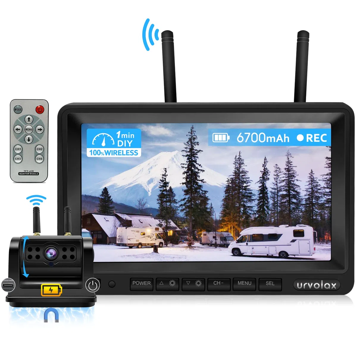URVOLAX Rückfahrkamera Kabellos 6700mAh Wiederaufladbare Batterie Magnetische 7 Zoll Monitor Videoaufzeichnung DIY Installation für Wohnmobil Wohnwagen Anhänger LKW