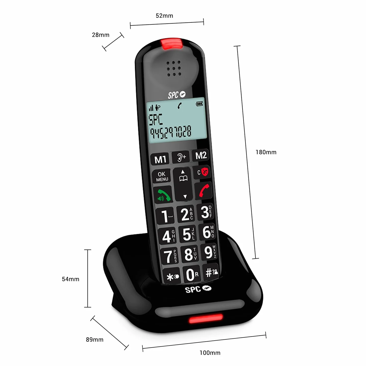 SPC Comfort Kairo - Schnurloses Telefon für Senioren mit großen Tasten, verstärktem Ton, hörgerätekompatibel, Anrufsperre, Lichtsignal und 2 Direktspeichern – Schwarz