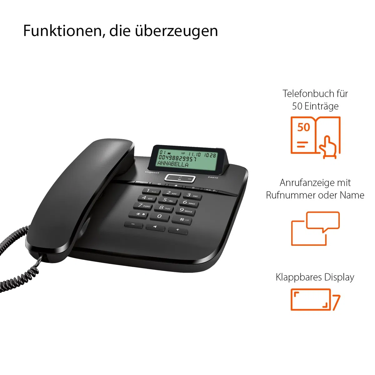 Gigaset DA610 - Schnurgebundenes Telefon - klassisches Schnurtelefon mit Direktruf und Freisprech Funktion - Hörgeräte kompatibel, schwarz