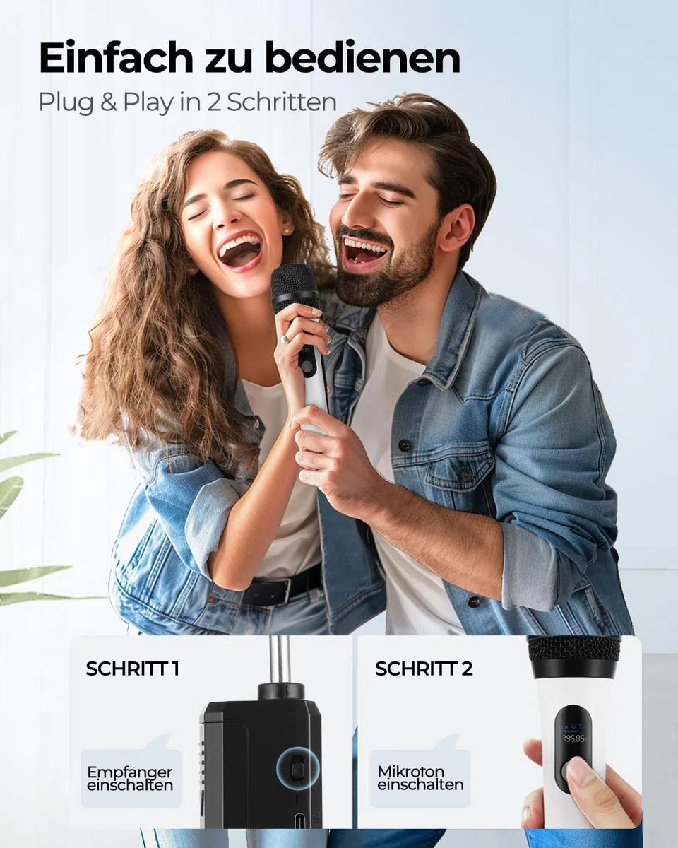 ALPOWL Kabelloses Mikrofon, Duales Digitales Dynamisches Bluetooth Mikrofon mit wiederaufladbarem Empfänger, 60M Reichweite, Mikrofon für Gesang, Karaoke, Meetings, Kirche, Hochzeit