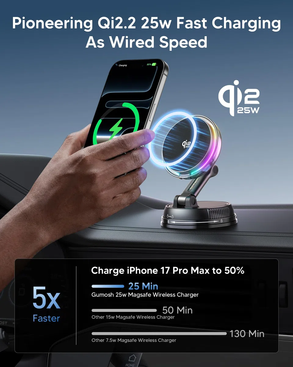 Qi2.2 25W Auto-Halterung mit Ladegerät, [Telefon-Kühlventilator & RGB-Beleuchtung] Kabelloses Auto-Ladegerät mit 78+ lbs Vakuum-Saugnapf, magnetische Halterung mit 63W-Adapter für iPhone 17–12