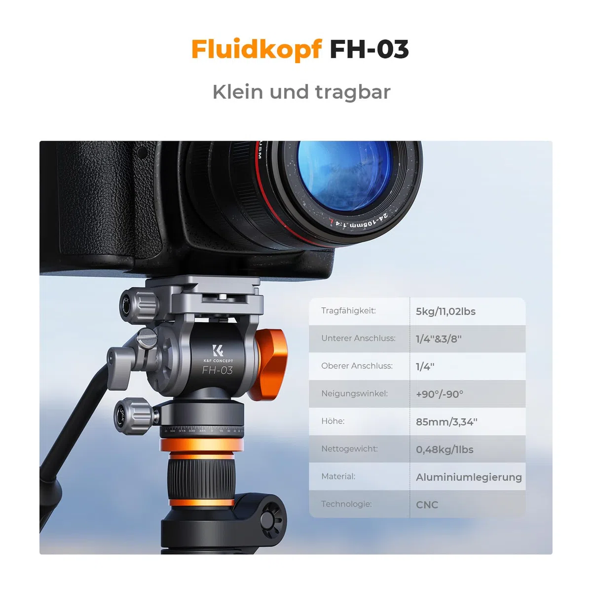 Stativkopf, K&F CONCEPT FH-03 Fluidkopf,Stativkopf für Stativ,Videokopf mit Arca-Swiss Schnellwechselplatte, Dämpfungskopf kompatibel mit DSLRs, spiegellose Kameras, Filmkameras, Belastung bis zu 5kg