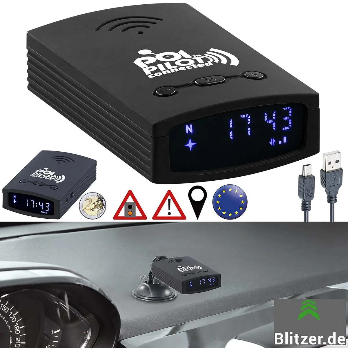 POI Pilot Radarwarner: Connected GPS-Gefahren-Warner mit Integ. SIM-Karte für Live-Updates (Blitzerwarner, Connected Live Radarwarner, Navigationsgerät)
