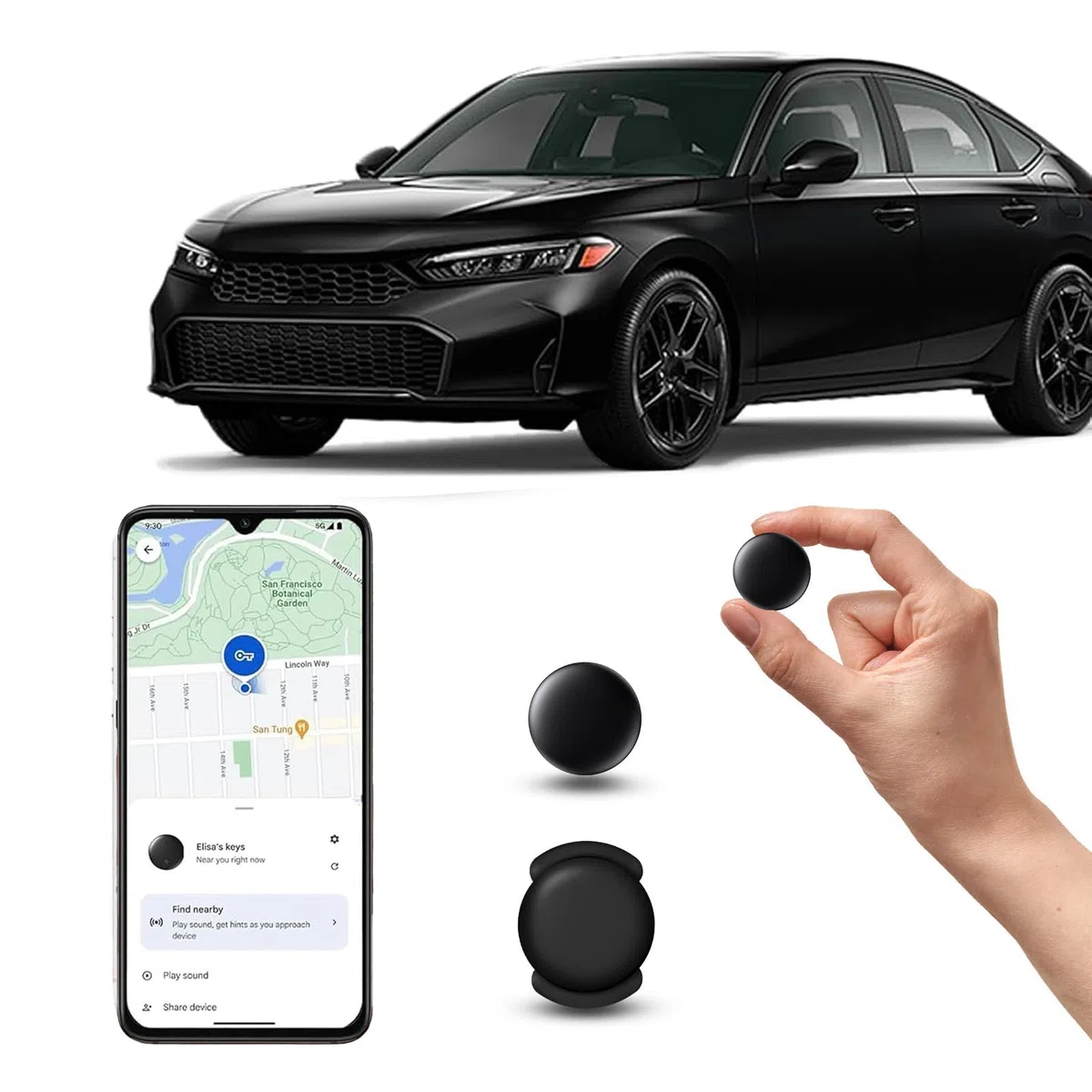 GPS Tracker Auto Ohne ABO Android, Keine SIM-Karte erforderlich, Versteckter Magnetischer Mini GPS Tracker für Kinder und Haustiere, Ohne Monatliche Kosten, Kompatibel mit Google Find hub (1 Schwarz)