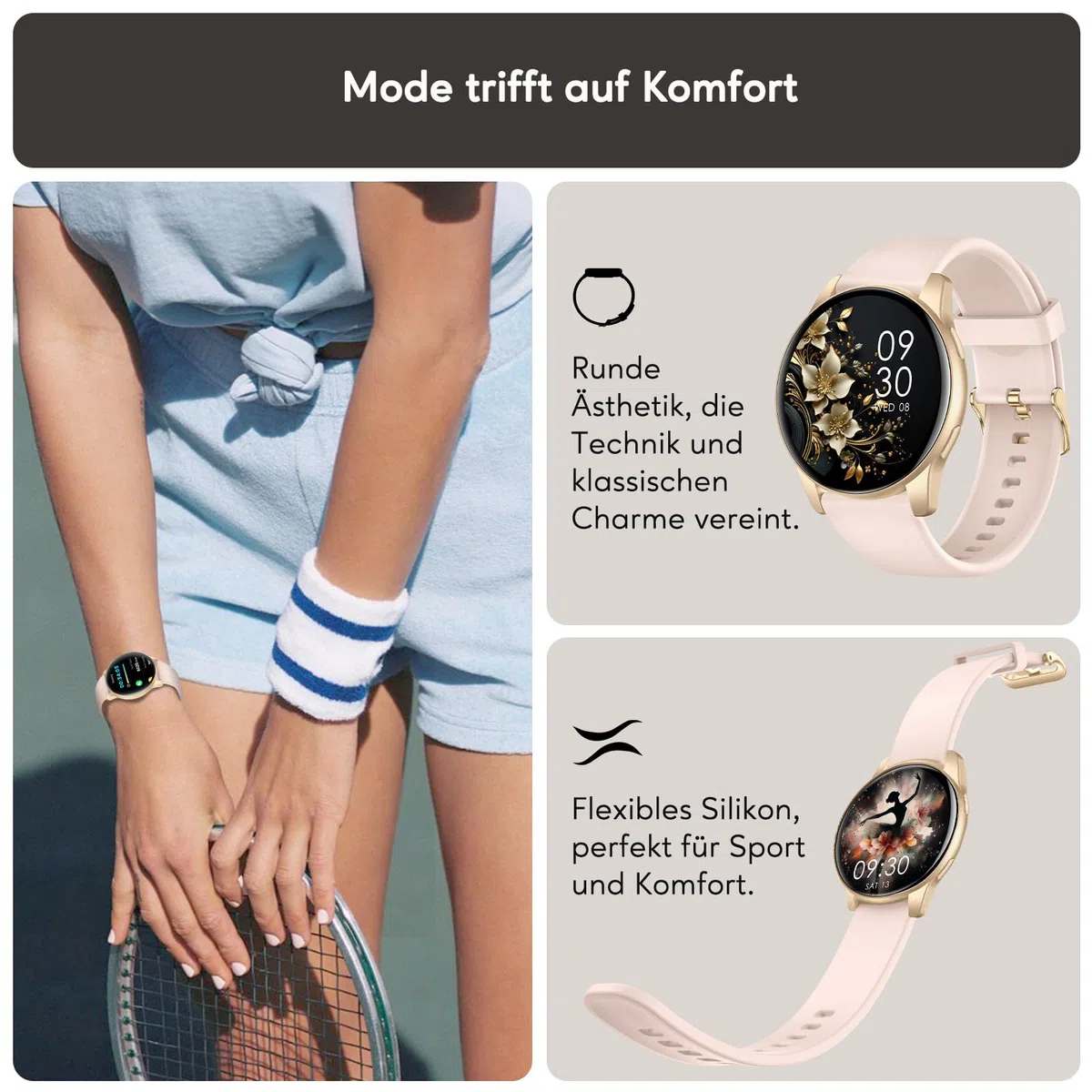 AcclaFit Smartwatch Damen Herren, 1.38 Zoll HD-Display Smart Watch mit Bluetooth Anrufe, Fitness Tracker mit Herzfrequenz SpO2 Schlafmonitor Schrittzähler, IP68 Wasserdicht Fitnessuhr für iOS Pink