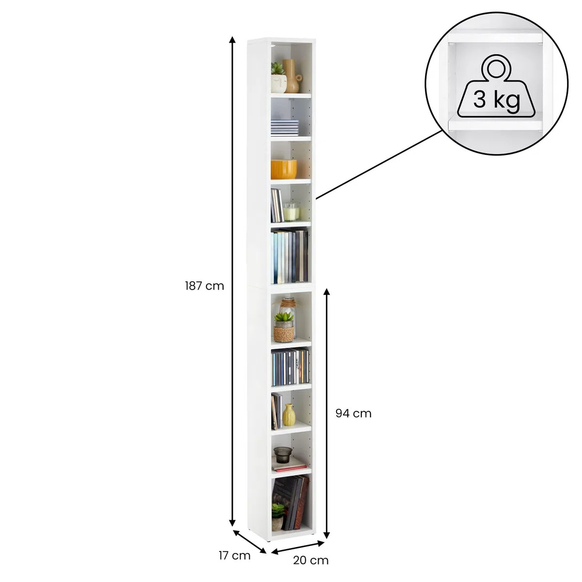 CARO-Möbel CD DVD Blueray Regal Chart in Weiß – Zweiteiliges Medienregal, Aufbewahrung, CD-Ständer mit 10 Fächern für bis zu 160 CDs, 20x187 cm (B x H)