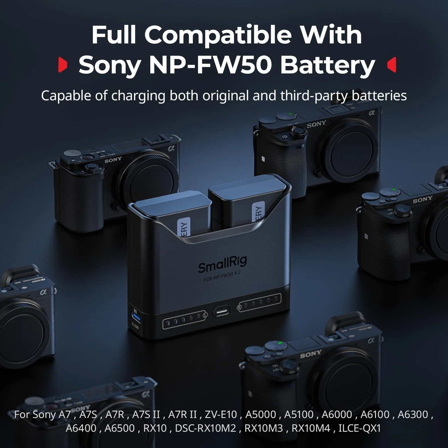 SMALLRIG NP-FW50 Kamera-Akkuset für Sony, 11W-Doppel-Ladegerät mit 1030mAh-Akkus, Vollständig für Sony A6000, A6100, A6300, A6400, ZV-E10, A7, A7S, A7R, A7SII, A7RII, A5000, A5100, ILCE-QX1-5488