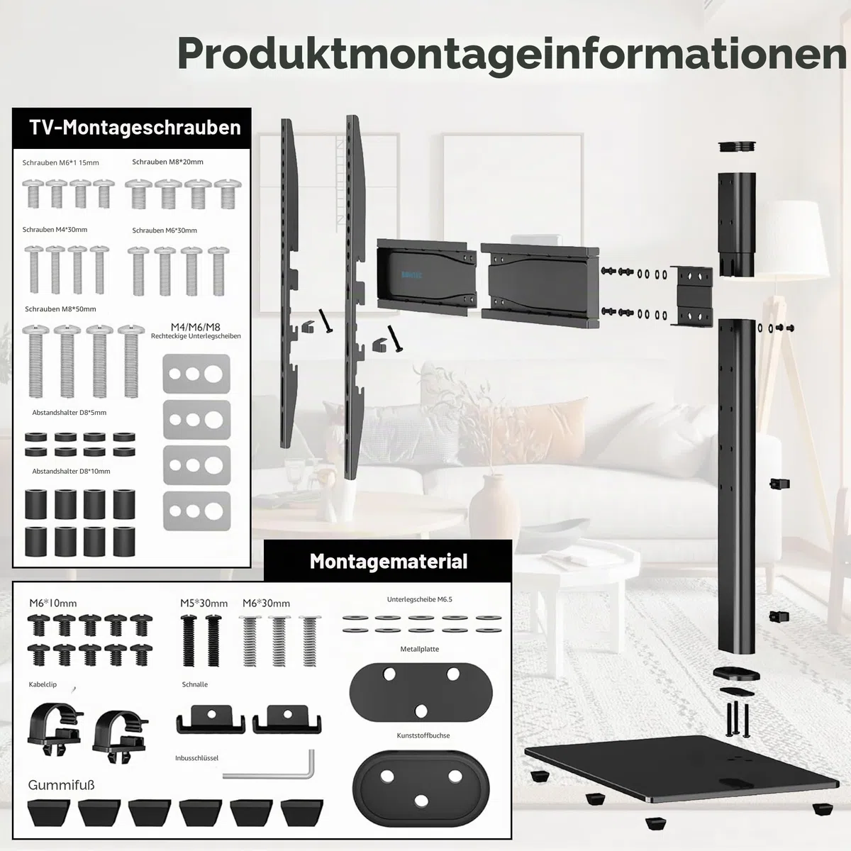 BONTEC TV Standfuss für 26-65 Zoll Fernseher, Höhenverstellbar bis 45kg, Max. VESA 600x400mm, Stabil und Universal, für LCD, LED, OLED, Plasma, Flach & Curved