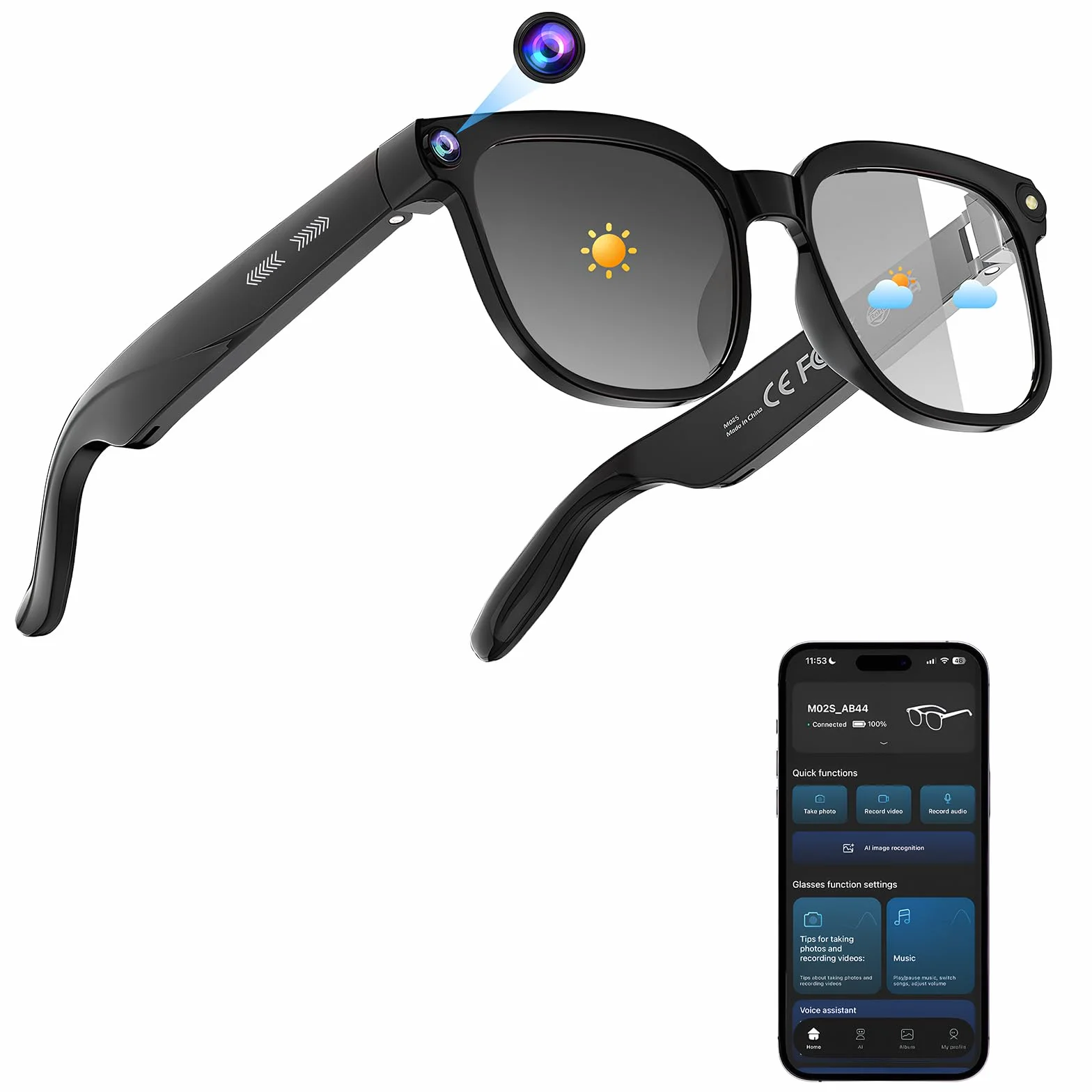 Bluetooth Smart Glasses mit HD 8MP Kamera-1080p Videoaufnahme, Bluetooth 5.4, Echtzeit-KI-Übersetzung & Objekterkennung, Blau licht, Zwei Mikrofone für Anrufe, Aufnahmen