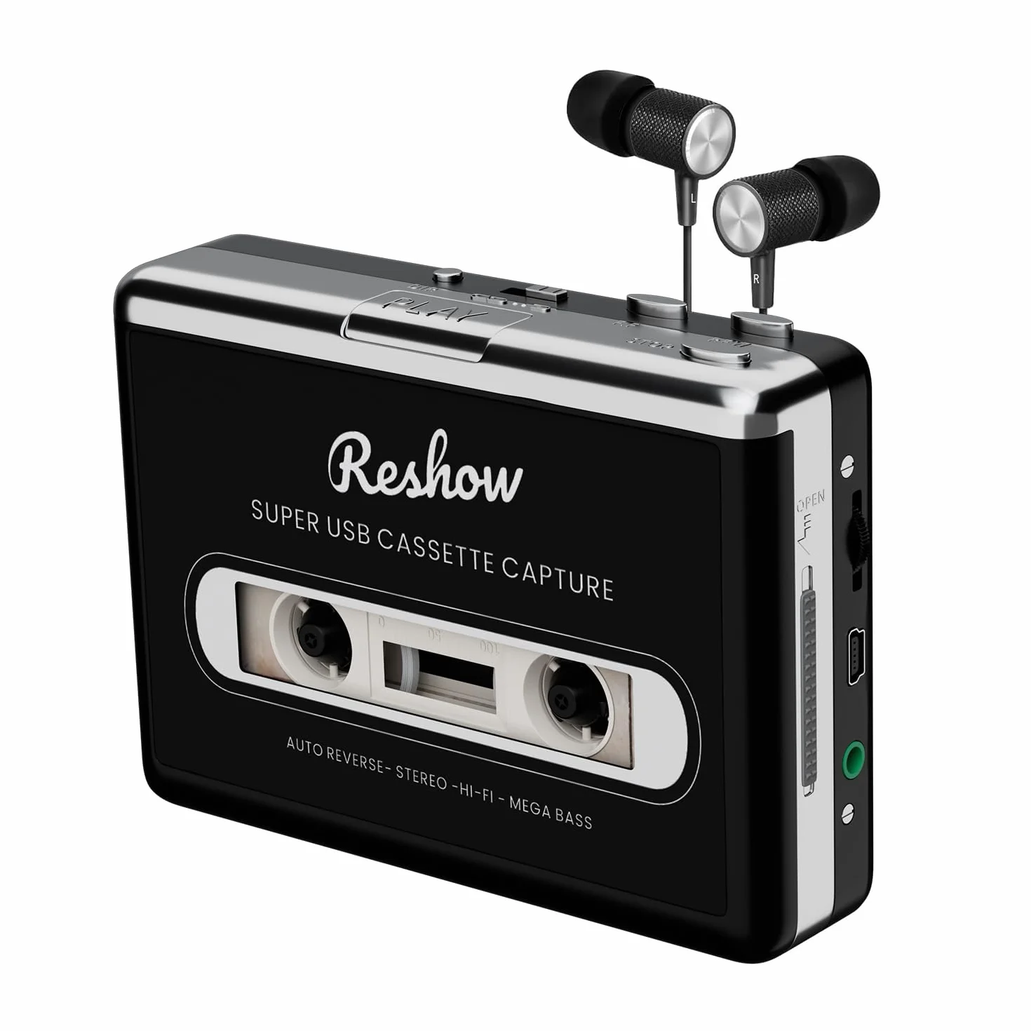Reshow tragbarer Kassettenspieler, Bandkassetten über USB in MP3 umwandeln & MP3-Musik aufnehmen – Schwarz