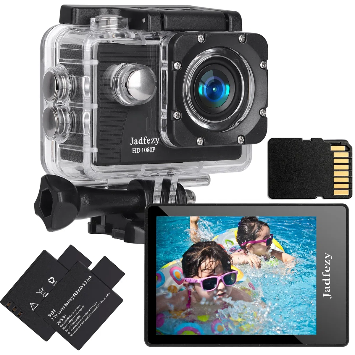 Action Cam FHD 1080P mit Speicherkarte Karte, Unterwasserkamera wasserdicht bis 30M, 140 Grad Weitwinkel Action Kamera mit Zwei 900 mAh wiederaufladbare Akkus und Zubehör-Set