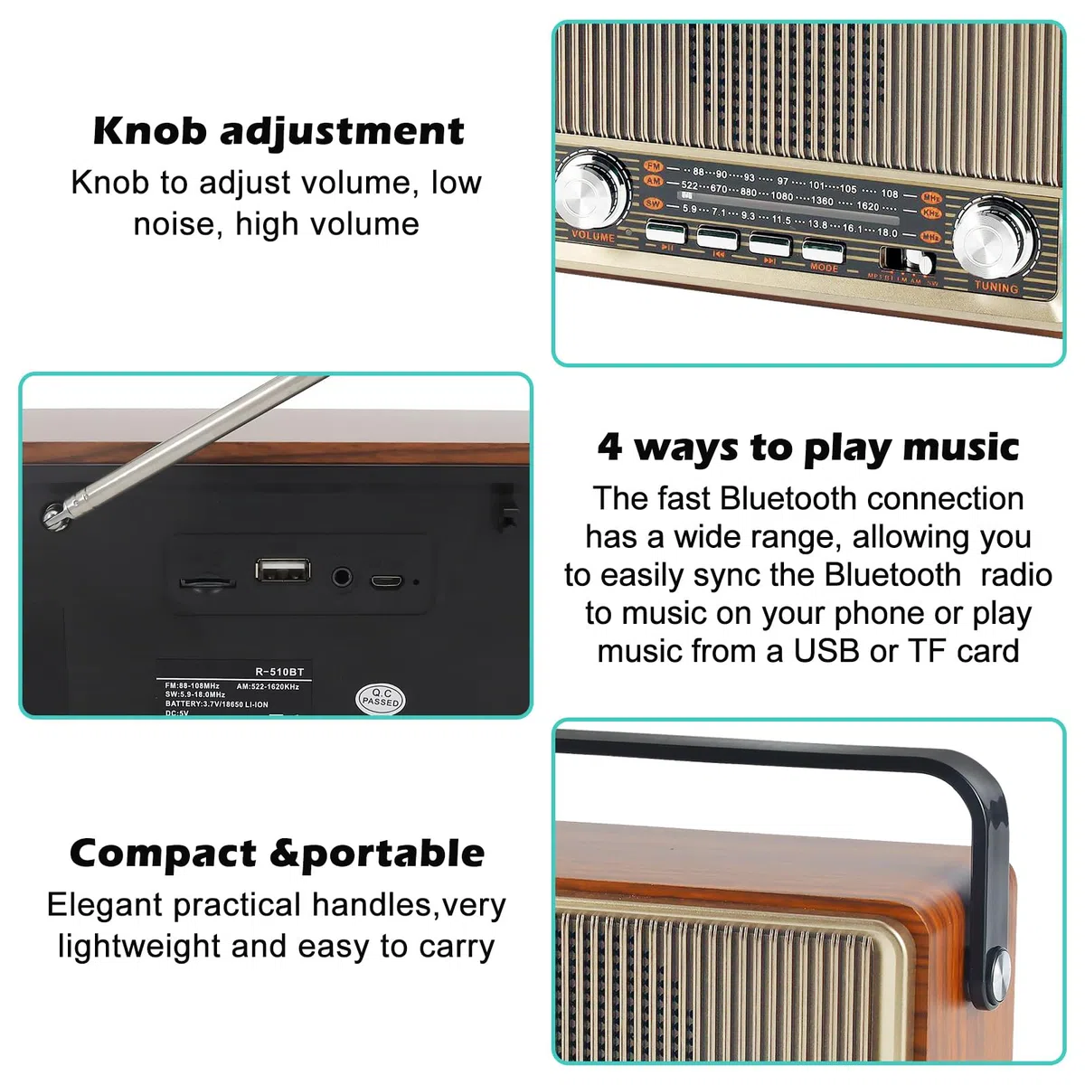 Retro Radio mit Bluetooth, Nostalgie Kofferradio Klein mit AM/FM/SW3, USB/TF/AUX, Wiederaufladbar, Küchenradio, Vintage Radio für Küche, Büro, Outdoor