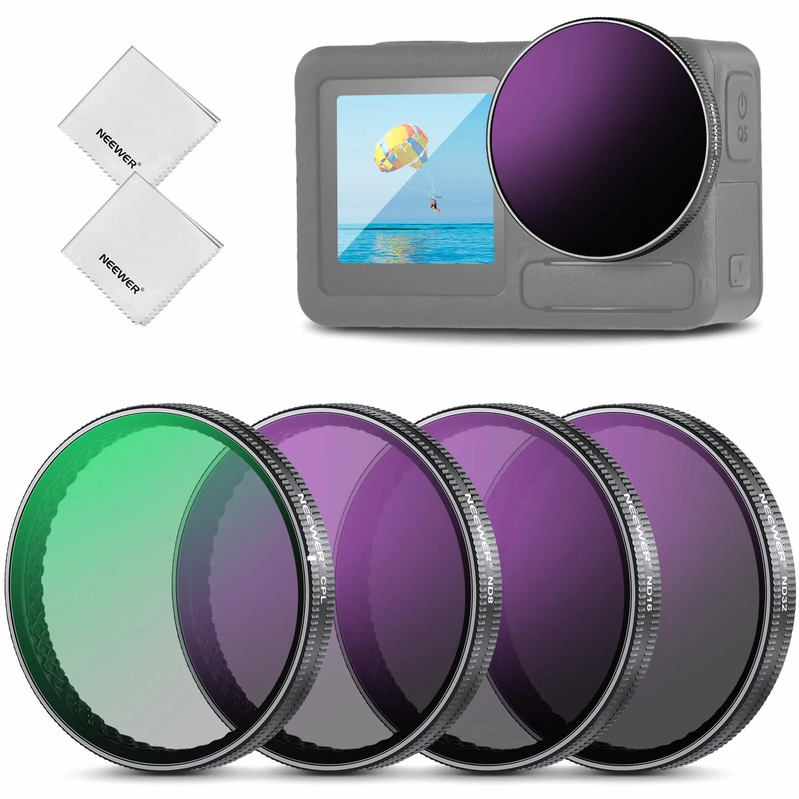 NEEWER ND Filter Set kompatibel mit DJI Osmo Action 5 Pro/4/3, 4er Pack mehrfach beschichtetes optisches HD Glas Snap On ND8/ND16/ND32/CPL Graufilter Polfilter, Actioncam Zubehör mit 2x Reinigungstuch