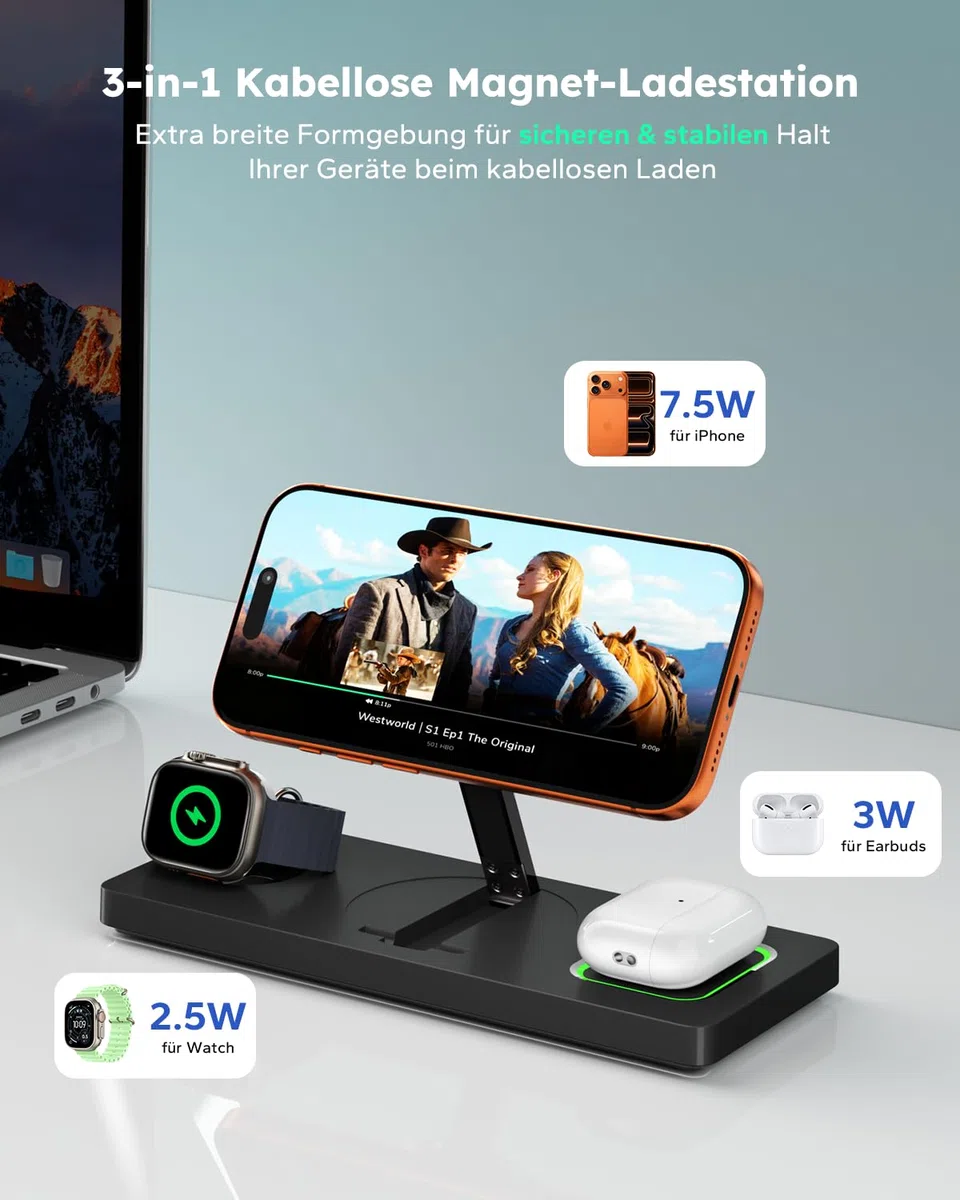 3 in 1 MagSafe Ladestation iPhone Apple Watch, Faltbar Induktive Ladestation Kompatibel mit MagSafe Ladegerät für iPhone 17/16/15/14/13/12, Apple Watch & AirPods (inkl. 20W Adapter) - Schwarz