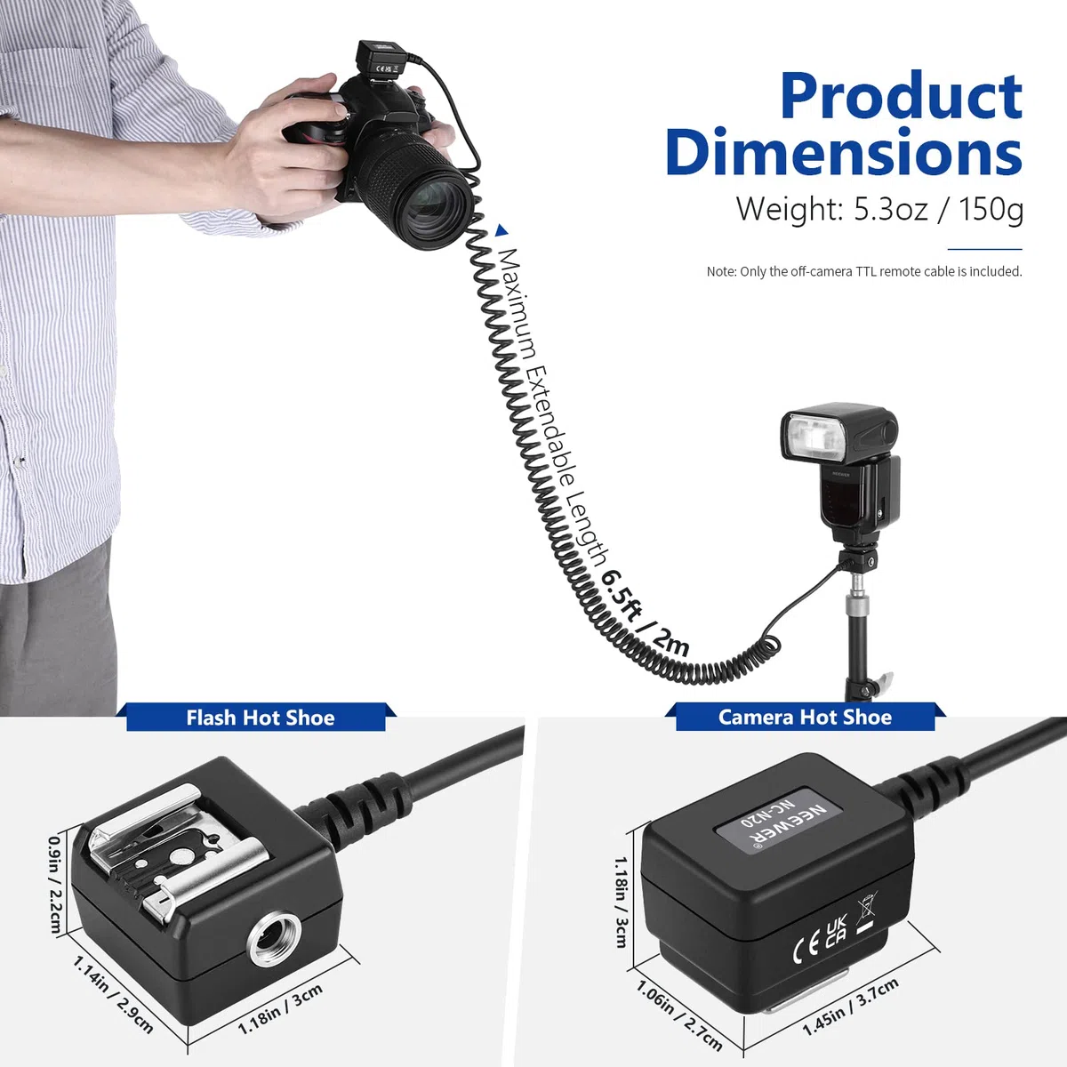 NEEWER 2m TTL Off-Kamerablitzkabel Kompatibel mit SB-5000, SB-910, SB-900, SB-800, SB-700, SB-600, SB-400, Nikon Z7, Z6, Z6II, Z5, D850, NEEWER 750II, NW420, NW655, Z1 Blitze