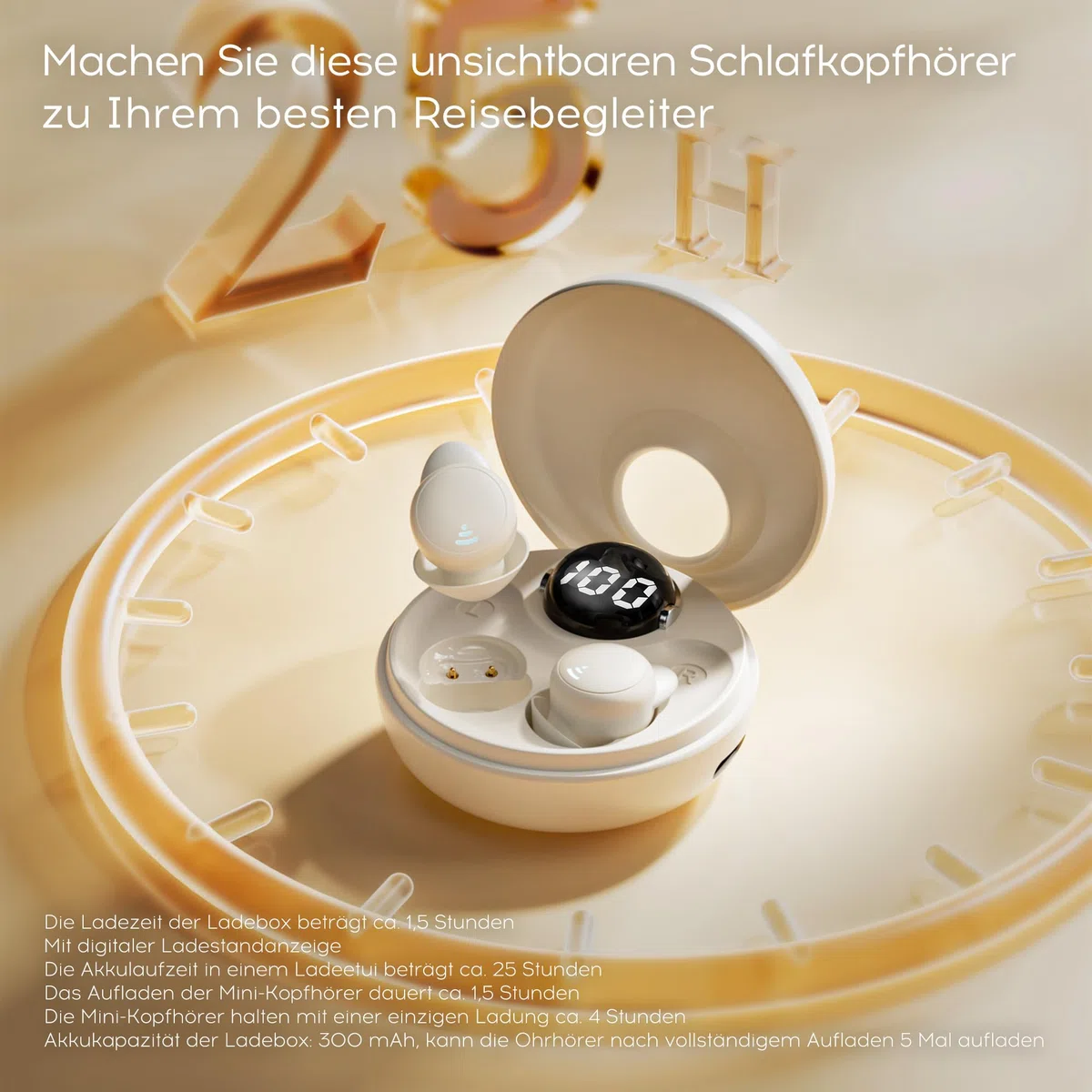 Schlafkopfhörer, Mini Kopfhörer zum Schlafen Kabellose Bluetooth 5.3 Flüssiges Silikon kopfhörer schlafenfür Seitenschläfer, Leistungsanzeig für Trainieren, Arbeiten, Reisen（Beige）
