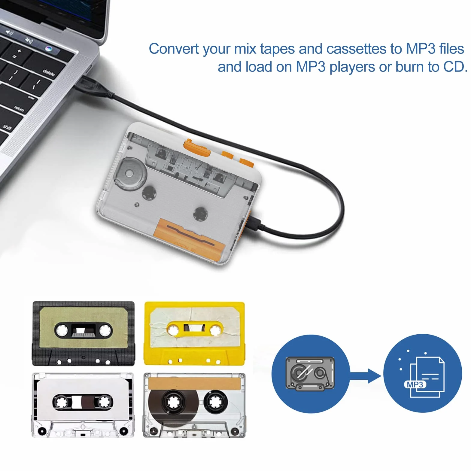 Cocoarm Kassette Player mit Tragbarer USB -Kassette für MP3 -Konverter mit Kopfhörer Audioausgabe für Mix -Tapes CDs MP3 -Player Lautsprecher