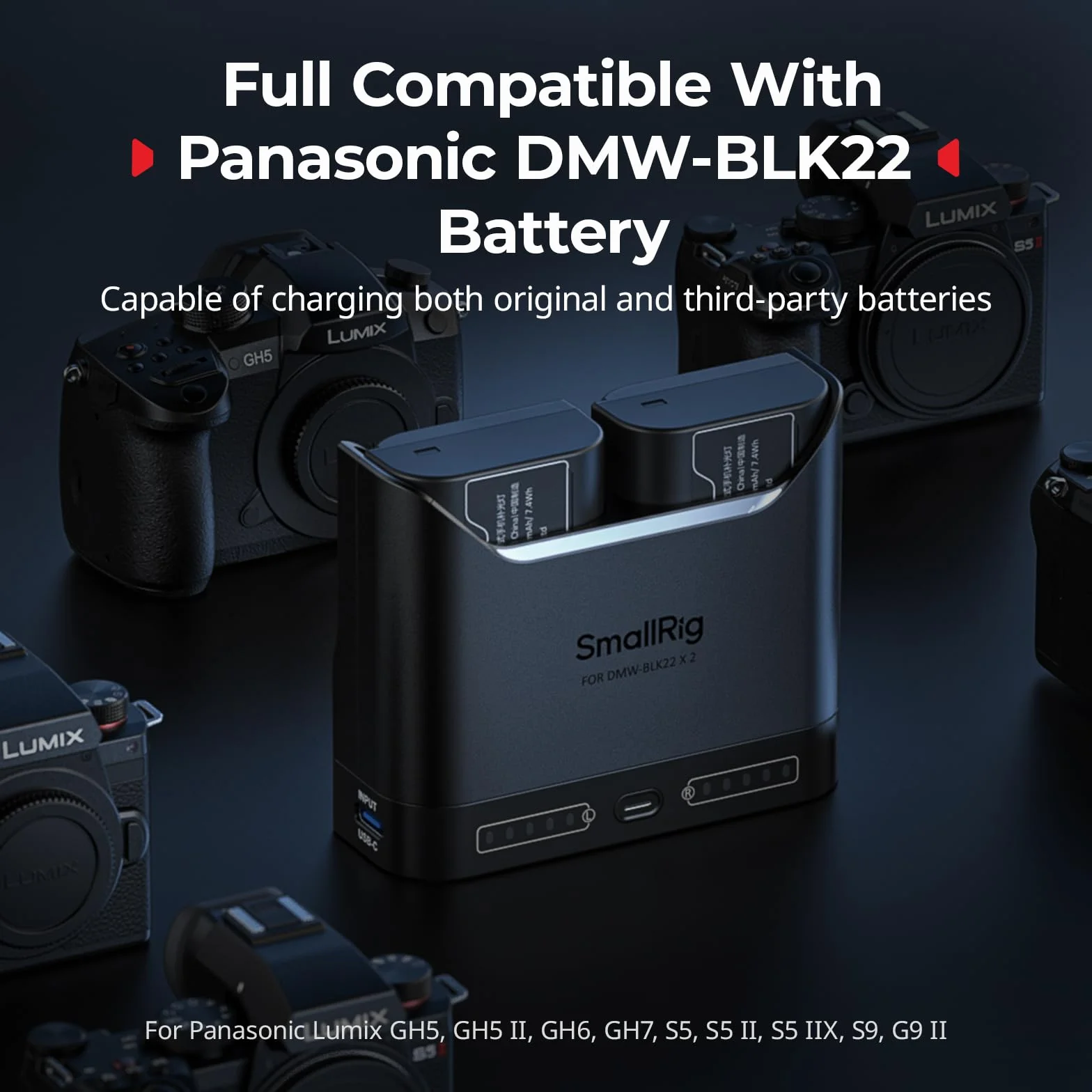 SMALLRIG Akkupack für Panasonic DMW-BLK22, 2 Wege Ladegerät mit 1940mAh Akkuladung, voll kompatibel zu Panasonic Lumix GH5, GH5 II, GH6, GH7, S5, S5-5487