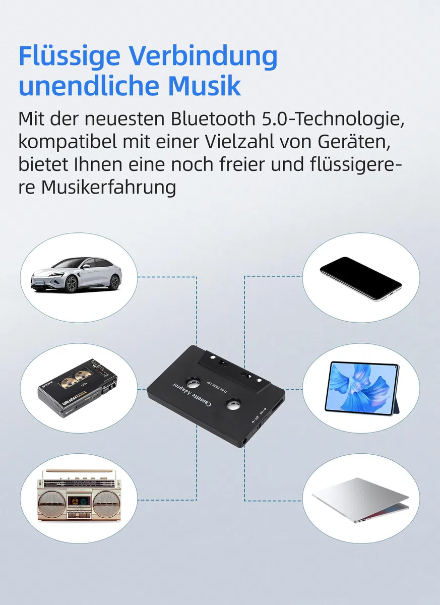 Bewinner Auto Audio Bluetooth Kassettenadapter, Rauschunterdrückung, Stereo High Fidelity Band Aux Empfänger für Auto Tablet