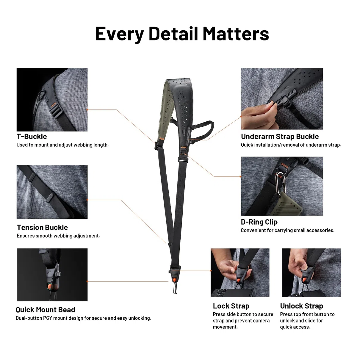 PGYTECH Kameragurt Camera Strap Pro, Kameraschultergurt Mit Abnehmbarem Achselgurt, Professionelles Kamerageschirr