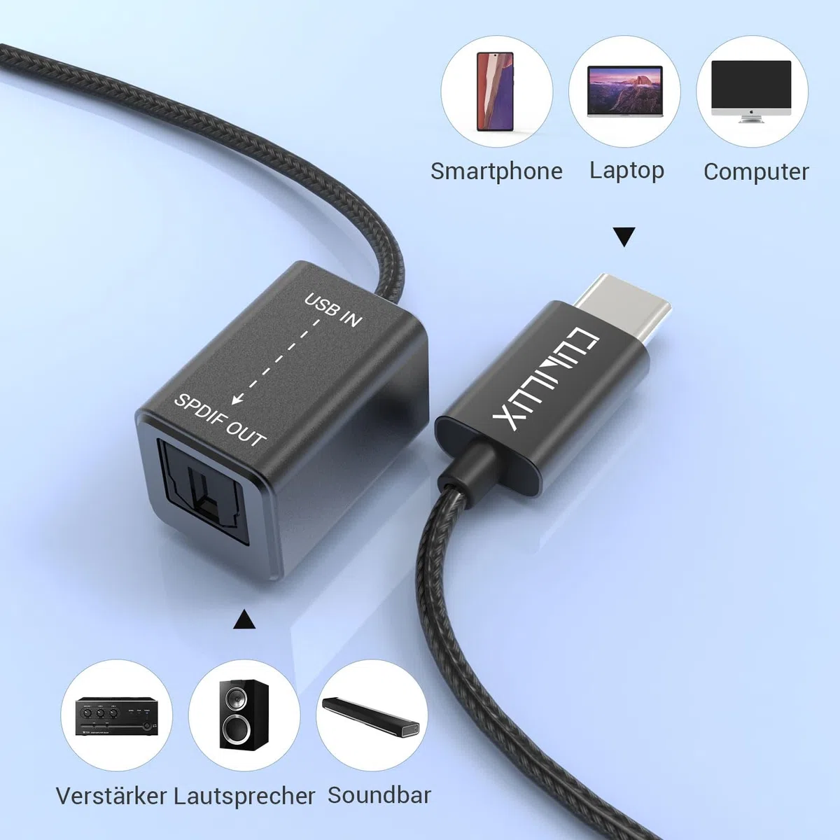 Cubilux USB C auf SPDIF Optical Adapter, TOSLINK Audio Ausgang, 192 kHz / 24 Bit DAC, nur Ausgang, für MacBook und PC