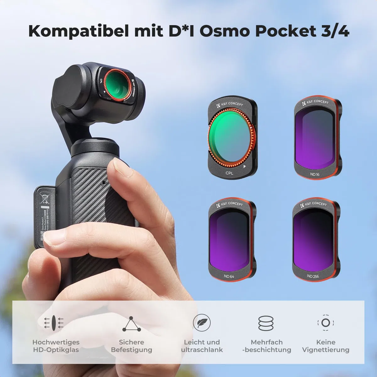 K&F CONCEPT FD161 magnetisches ND Filter Set, kompatibel mit DJI Osmo Pocket 3/4, 4er Pack, CPL Filter, ND16, ND64, ND512 Filter, Osmo Pocket 3 Zubehör, Osmo Pocket 4 Zubehör(Aluminiumrahmen)
