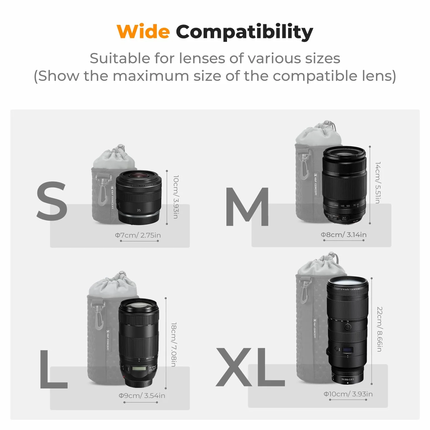 K&F Concept Objektivtasche, Objektivbeutel für Kameraobjektive in 4 Größen, weiche Objektivtasche mit Kordelzug für Canon, Nikon, Sony, Fuji, Sigma, Geeignet für tägliche und professionelle Fotografie