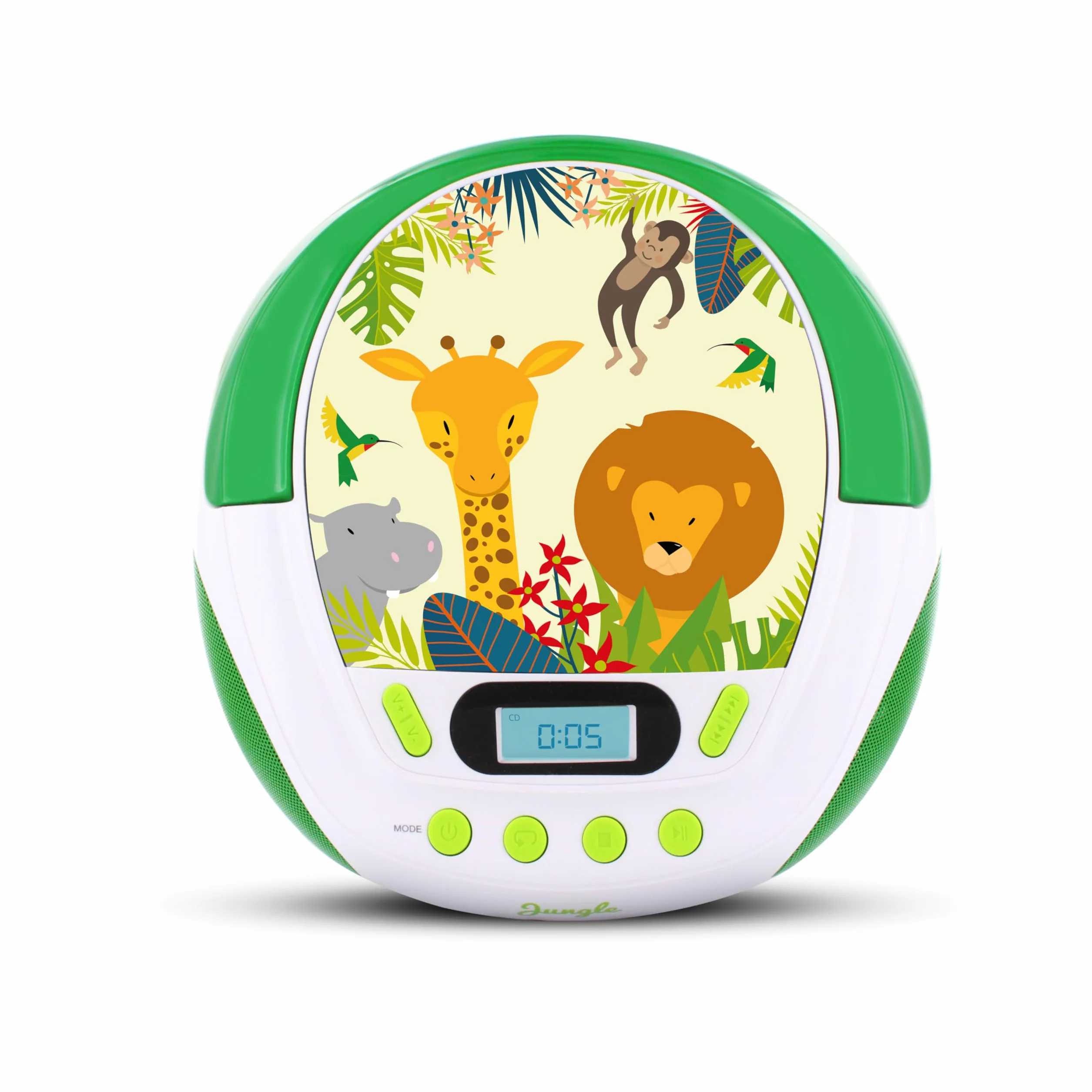 mooov 477144 CD Player für Kinder mit Lautsprechern, USB, Kopfhöreranschluss, AUX-IN-Port - Boombox CD Spieler Tragbar - Netzbetrieb oder Batterien - Modell Jungle - Grün/Weiß
