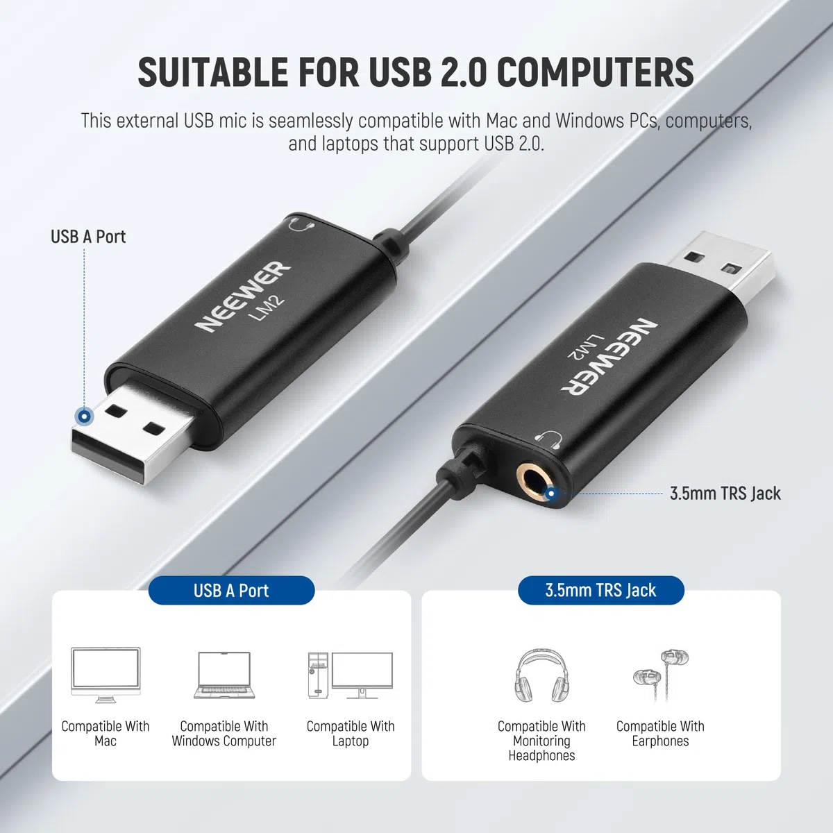 NEEWER USB Ansteckmikrofon Mini Lavalier Mikrofon mit omnidirektionaler Richtwirkung 3,5m Kabel für USB 2.0 Mac Windows PC Laptop Computer YouTube Skype Podcast, Gaming Vlog Video Konferenzen LM2