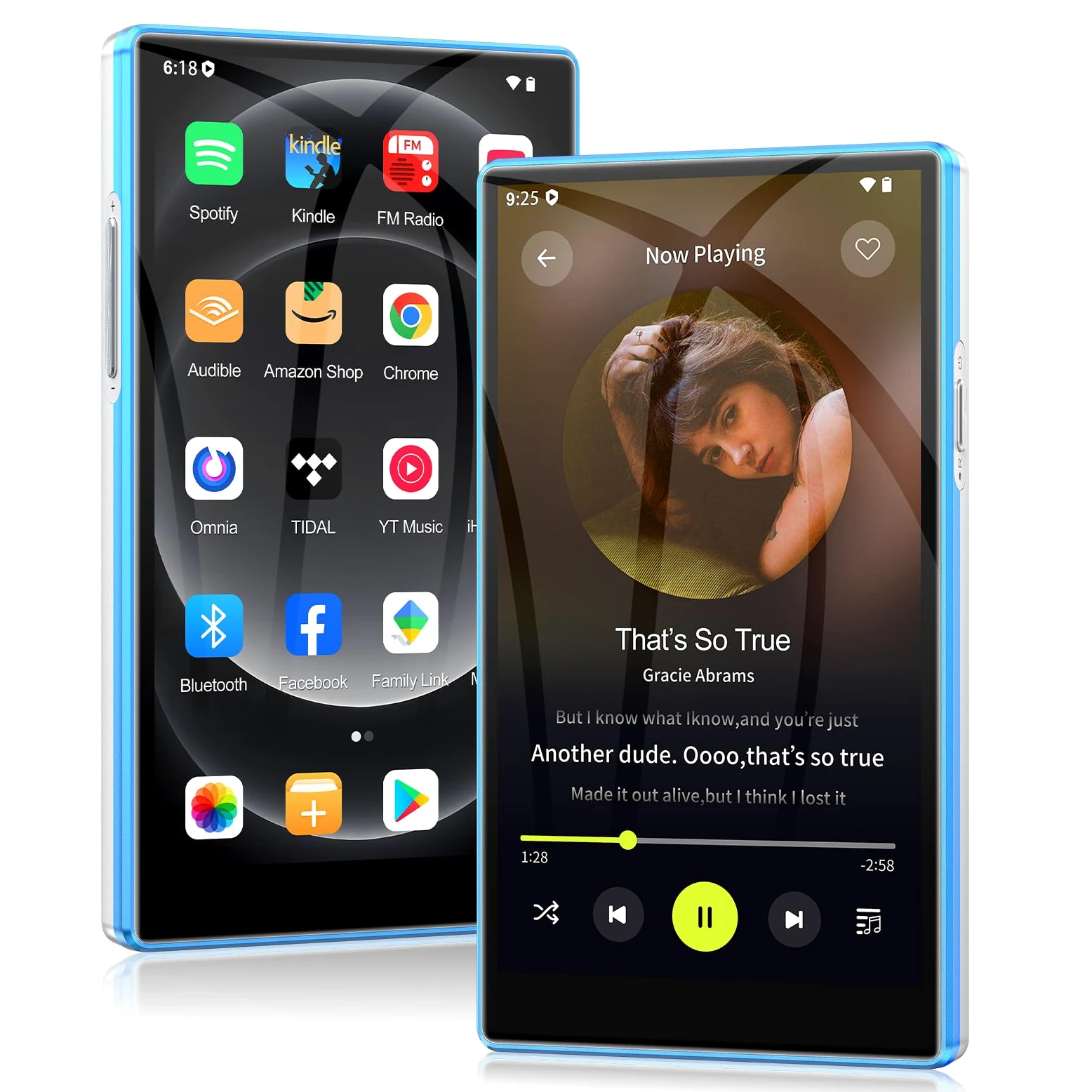 MP3 Player Spotify mit Bluetooth & WLAN, AGXOV 5 Zoll Touchscreen MP4 Musik Player Android 13 mit Integriertem Spotify, Deezer, FM-Radio, Sprachrecorder, Blau und Weiß