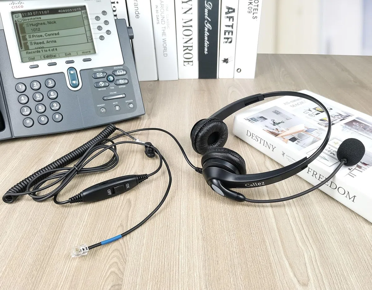 Telefon Headset RJ9 mit Mikrofon Noise Cancelling, Festnetztelefon Kopfhörer Binaural für Cisco 8811 7841 7942G 8841 8845 8851 8861 6851 Büro Call Center IP Telefone Plantronics M10 M22 Amplifier