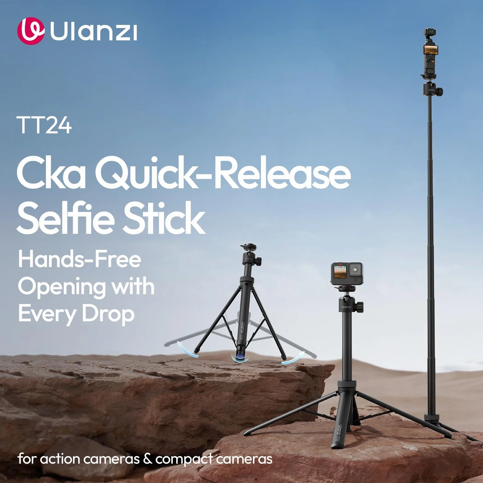 Ulanzi TT24 Selfie Stick Stativ, Cka Schnellverschluss Selfie Stick für DJI Pocket 3 4/DJI Osmo Action 5 4, Action Kamera Stativ für Gopro/Insta360 X5/X4/X3/Ace Pro/ONE X2, Action Kamera Zubehör