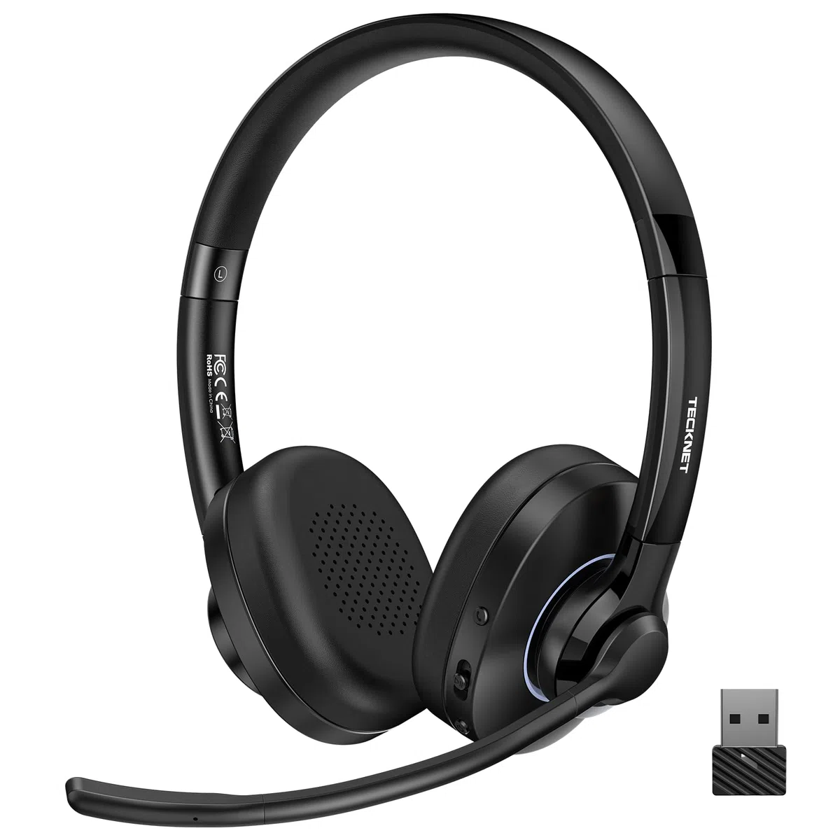 TECKNET V6.0 Bluetooth Headset mit Mikrofon,Wireless Headset mit AI Noise Cancelling Bluetooth Kabellos Kopfhörer PC On Ear mit USB-C Empfänger Büro/Trucker/Callcenter - 50+ Std. Akku