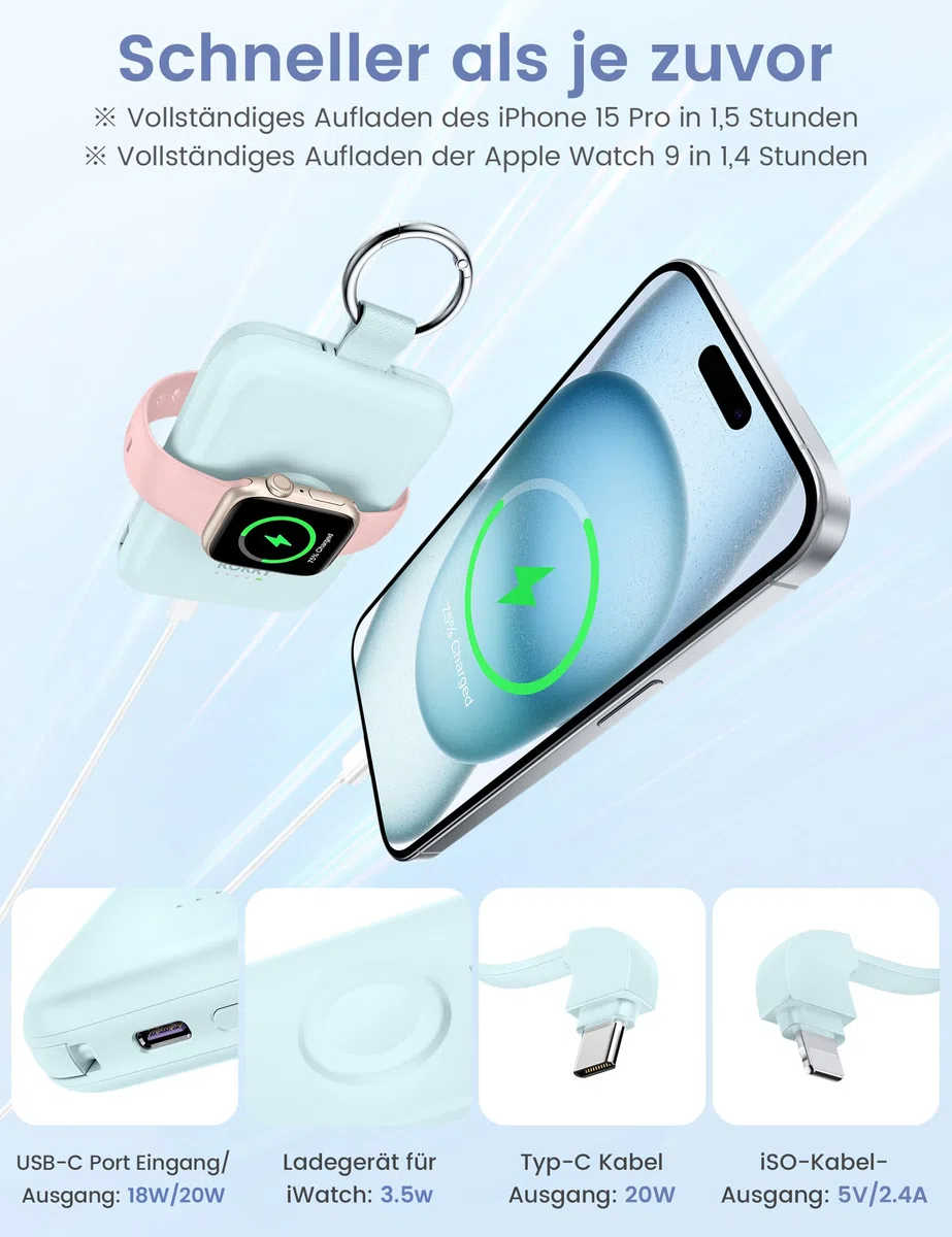 RORRY Power Bank, 10000mAh Powerbank Schnellladefunktion PD 20W mit Integriertem Kabel, Reise Portable Charger Externe Handyakkus für iPhone 17/16/15/14 and Apple Watch Ultra 11/10/9/8/7/SE, Weiß