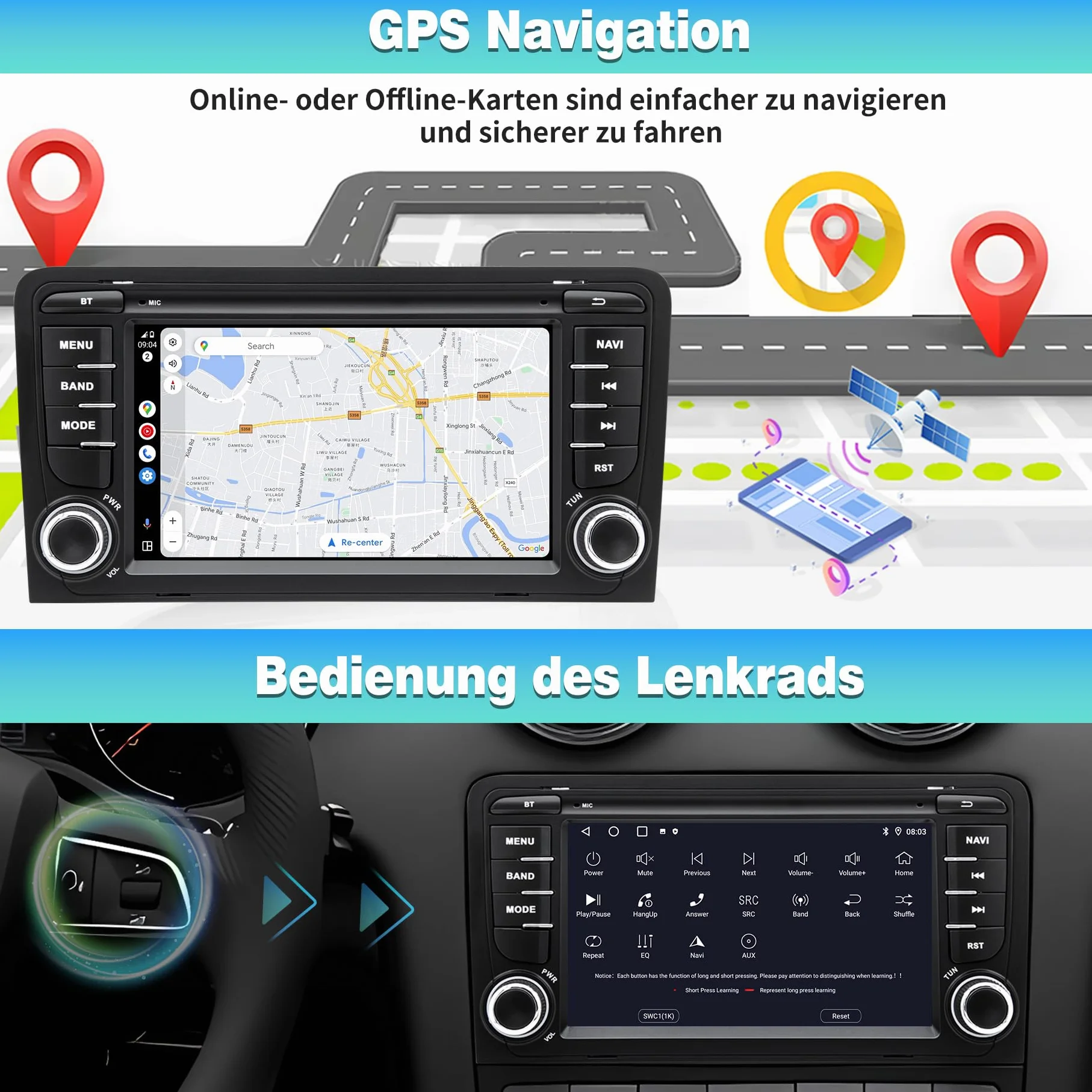 Autoradio Android 13 für Audi A3/S3/RS3 8P 2003 2004 2005 2006 2007 2008 2009 2010 2011 2012, 7 Zoll HD Touchscreen, Wireless CarPlay/Android Auto, GPS, WLAN, Bluetooth + HD-Rückfahrkamera SWC